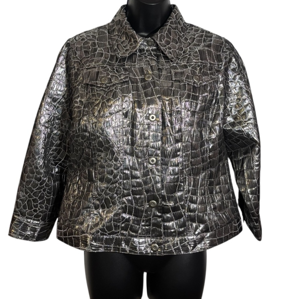 Ruby Rd. Crop Jacket Long Sleeve Silver Metallic Croco Print Women’s Size 6